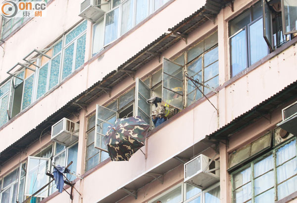 消防張開雨傘防止花貓墮樓。(吳遠輝攝)