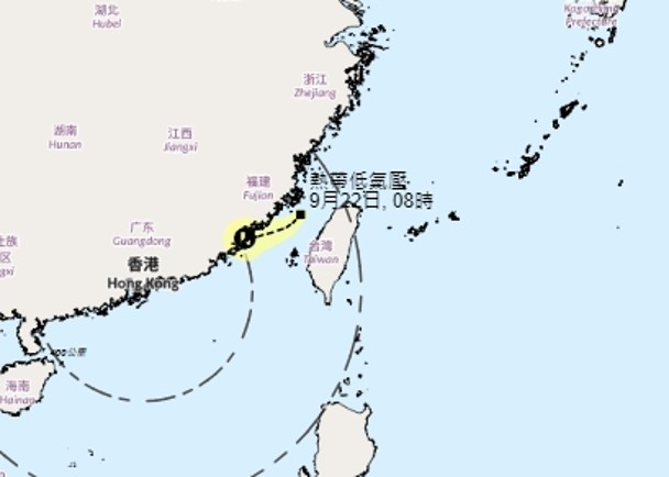 位於台灣海峽低壓區「升呢」熱帶低氣壓　料對本港影響不大